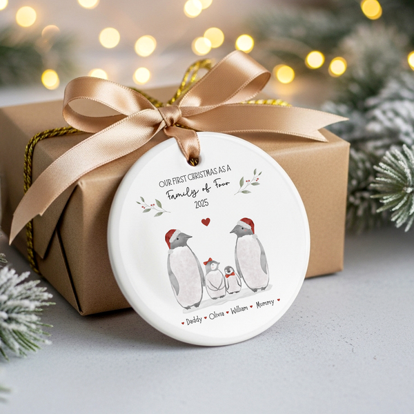 Personalised First Christmas as a Family of Three Ornament 2025 – Penguin Design