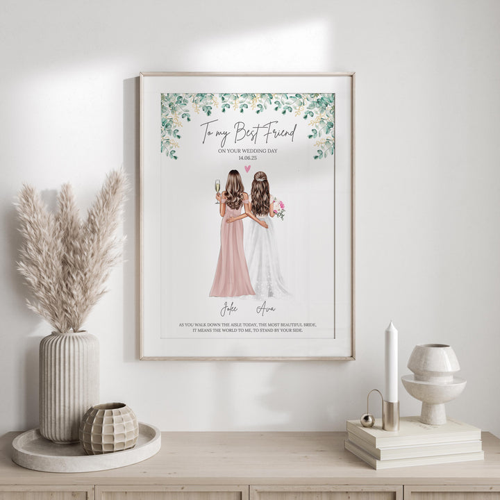 Framed bride and best friend artwork styled on a dressing table
