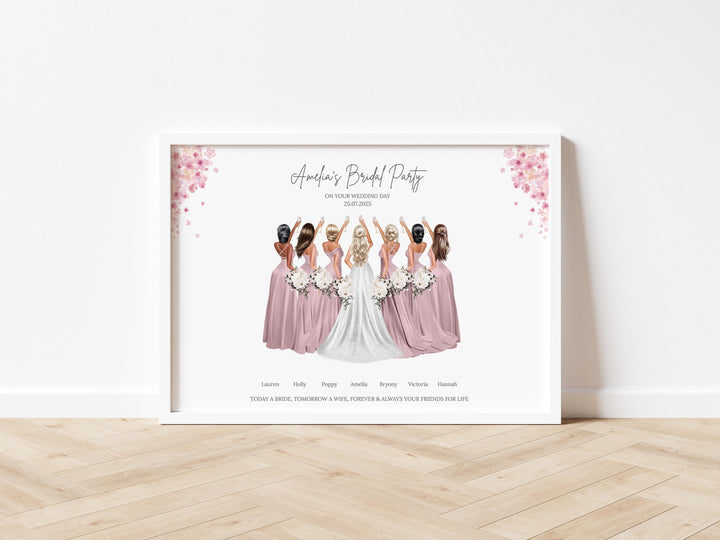 Custom bridesmaid illustration with names, roles and wedding date”