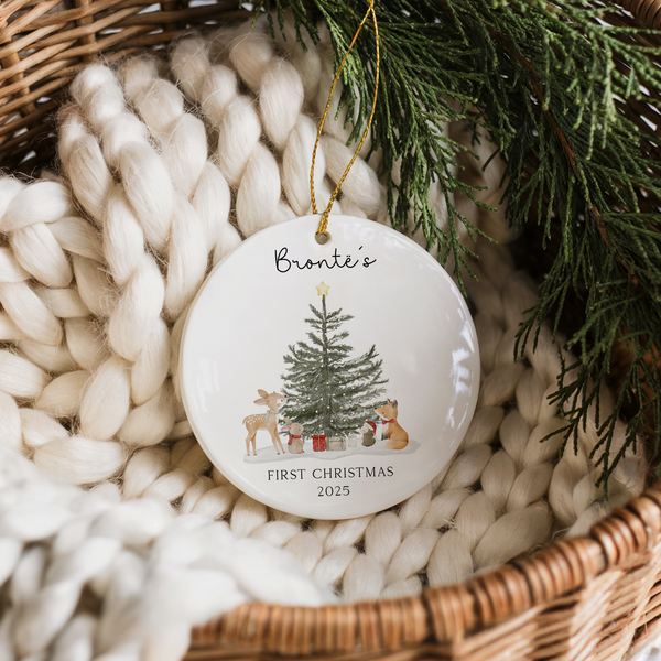 Personalised Baby's First Christmas Ornament 2025 - Premium Ceramic Woodland Design