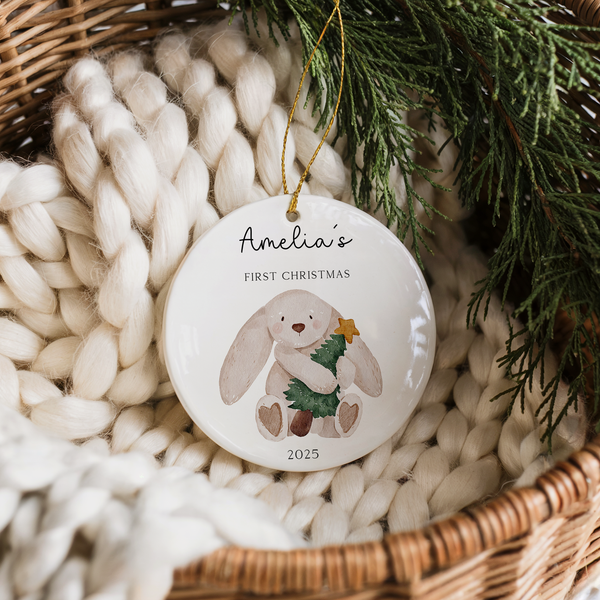 Personalised Baby’s First Christmas Ornament 2025 – Soft Bunny Design