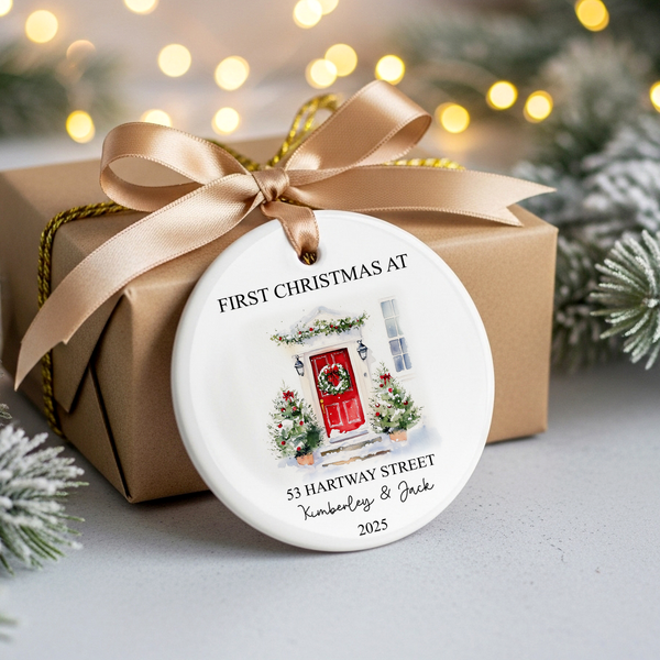 Personalised First Christmas New Home Ceramic Ornament – Custom Address & Names (2025)