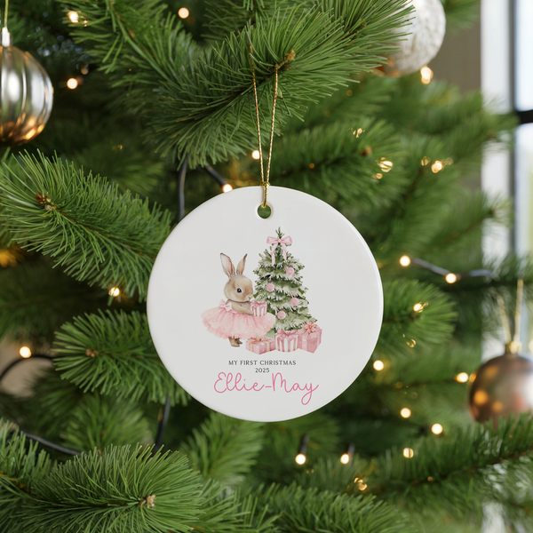 Baby Girl First Christmas Bauble Personalised Custom Name Ceramic Ornament Pink Woodland Bunny