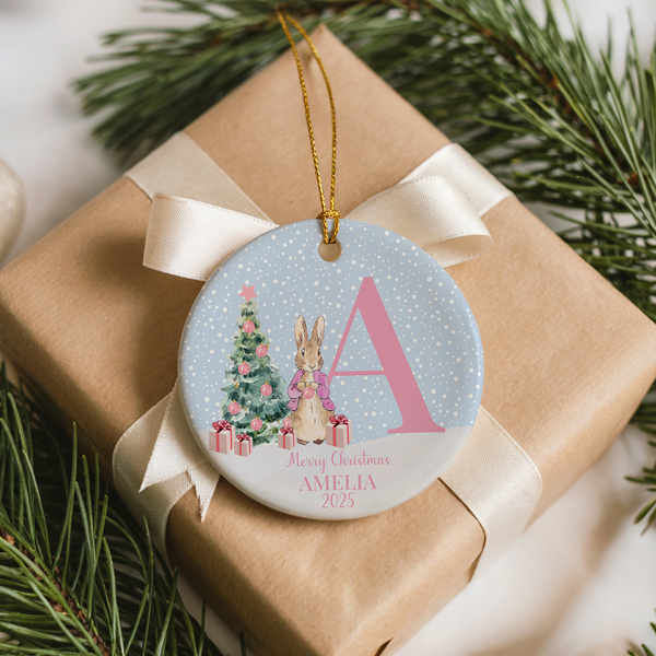 Personalised Rabbit Baby Girls First Christmas Bauble 2025